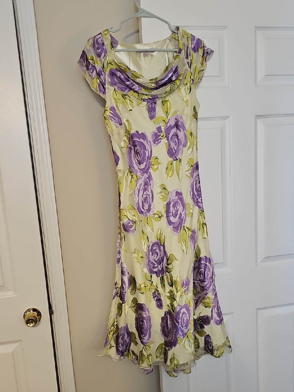 Cream Midi Dress with Purple Floral Print and Cowl Neck